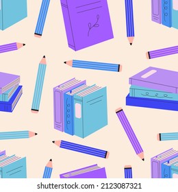 Read more books. Various cartoon books, stack of books, pencils.  Pile of colorful books in blue, violet. Bookstore or reading festival concept.  Hand drawn flat educational vector seamless pattern