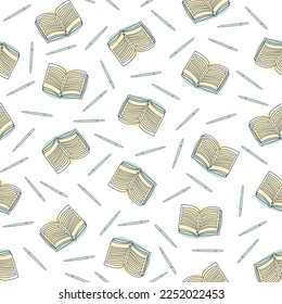 Read more books. Various cartoon books, stack of books, pencils. The concept of a bookstore or a reading festival. Continuous line trendy drawing. Vector seamless background.