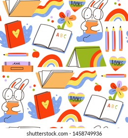 Read more books. Various books, stack of books, rabbit in glasses, pencils, rainbow. Various objects. Hand drawn educational vector seamless pattern. Flat design. Cartoon style