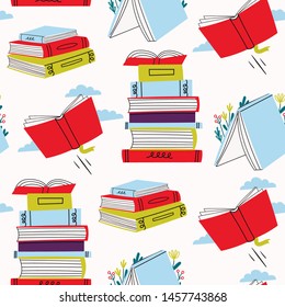 Read more books. Various books and stacks of books. Pile of colorful books. Hand drawn educational vector seamless pattern. Flat design. Cartoon style