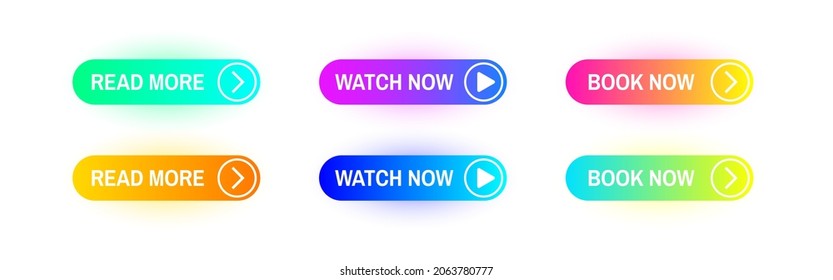 Read more button set. Modern color buttons on white background. Website elements collection. Color shapes with white arrows. Web design templates. Vector illustration.