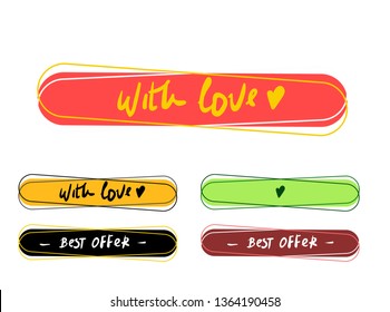 Read More colorful button set with love. best offer. isolated sticker icon. vector. hand written. for a discount banner, poster, website