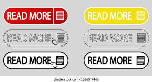 Read More colorful and outline button set on grey background. Flat line gradient button. Read more outline icons with hand cursor. Editable stroke. Vector web element