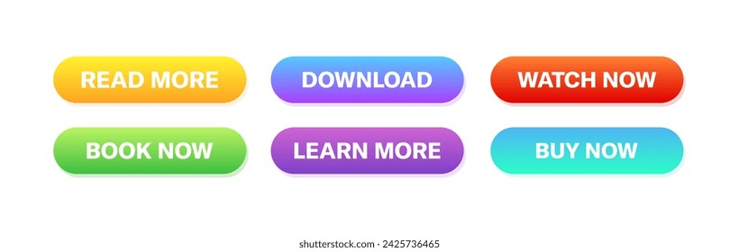 Read more, Download, Watch now, Book now, Learn more, Buy now button icons. Flat style. Vector icons