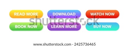 Read more, Download, Watch now, Book now, Learn more, Buy now button icons. Flat style. Vector icons