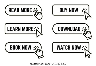 Read more, learn more, book now, buy now button set. Modern collection for web site. Click here, apply, buttons hand pointer clicking. Web design elements. Vector illustration
