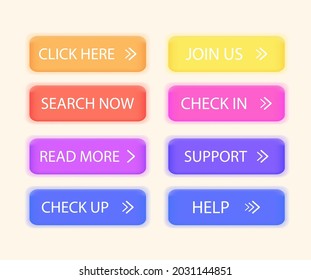 Read more, learn more, click here, join us, search now, help, check in, chech up, support. Iicons set. Buttons. Team concept. Modern design. Isolated Vector illustration. Web