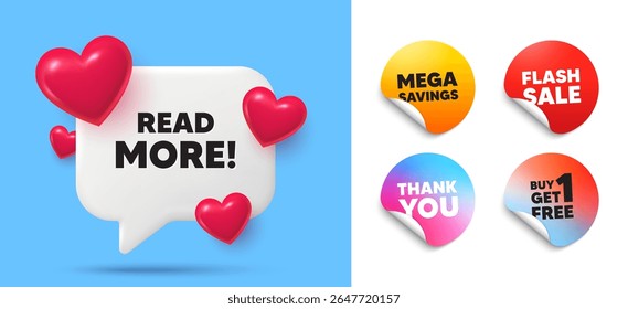 Read more speech bubble, sticker tags. Get free, Flash sale stickers. Read More tag. Navigation sign. Get description info symbol. Thank you tag. 3d hearts chat bubble. Vector