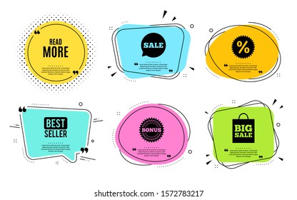 Read More symbol. Best seller, quote text. Navigation sign. Get description info. Quotation bubble. Banner badge, texting quote boxes. Read more text. Coupon offer. Vector