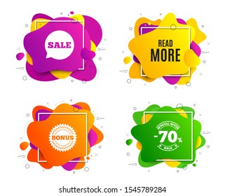 Read More symbol. Liquid shape, various colors. Navigation sign. Get description info. Geometric vector banner, square frames. Read more text. Gradient shape badge. Vector