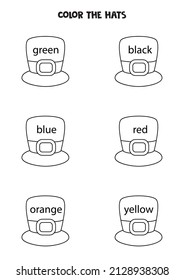 Read names of colors and color cartoon hats. Educational worksheet.