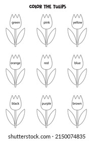 Read names of colors and color cute tulips. Educational worksheet.