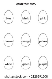 Leer los nombres de los colores y el color de los huevos de Pascua. Hoja de trabajo educativa.