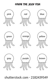 Read Names Of Colors And Color Jelly Fish. Educational Worksheet For Kids.