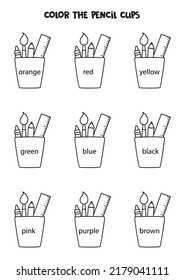 Read names of colors and color pencil cups. Educational worksheet for kids.