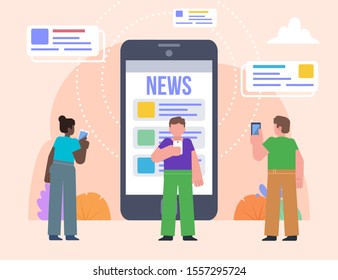 Read news online using mobile phone. Group of people stand near big phone. Poster for social media, web page, banner, presentation. Flat design vector illustration