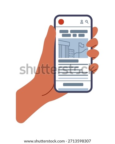 Read news. Smartphone screen. Hand holding mobile phone. Online newspaper. Display touchscreen. Newsletter article. Magazine reportage. Media journal. Web publication. Device in arms. Vector concept