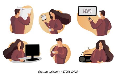 Read news, watch news home, listen to news. Watch TV, Listen to music, read a newspaper. Reading, watching, listening. Screen, display. Flat vector illustration set. tablet, phone, computer pc. Radio