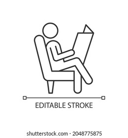 Read newspaper linear icon. Man sitting in armchair. Person reading latest news in paper. Thin line customizable illustration. Contour symbol. Vector isolated outline drawing. Editable stroke