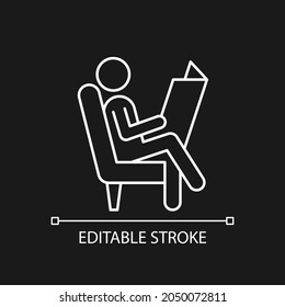Read newspaper white linear icon for dark theme. Man sitting in armchair. Human taking break. Thin line customizable illustration. Isolated vector contour symbol for night mode. Editable stroke