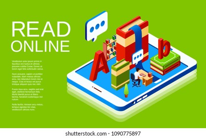 Read online vector illustration of digital library. Isometric poster design of smartphone screen with people reading books among letters for education and literature learning concept
