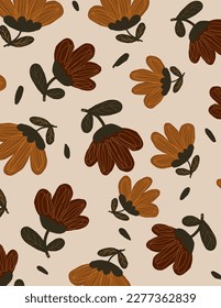 Read and orange flowers, leaves pattern on white background, aesthetic design
