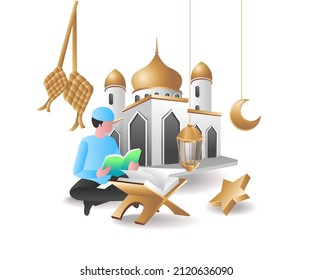 Read the quran on the mosque the concept of Ramadan kareem illustration