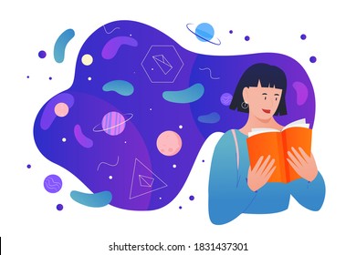 Read Scientific Books Vector Illustration. Cartoon Young Reader Character Studying, Woman Student Reading Textbook Or Encyclopedia With Science Knowledge Information From Library Isolated On White