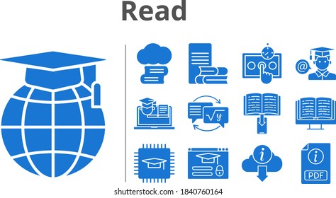 read set. included cloud library, chip, pdf, ebook, test, school, online-learning, student, homework, information, training, login icons. filled styles.