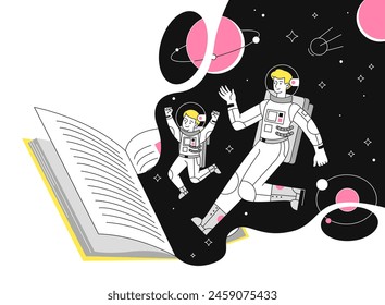 Read spaceflight simple. Woman and girl in spacesuit at galaxy and universe. Book with space. Astrology and astronomy. Imagination and fantasy, dream. Doodle flat vector illustration