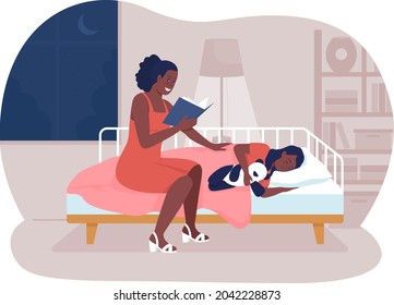 Leer la historia antes de la ilustración aislada del vector 2D de cama. Madre leyendo un libro para un niño dormido. Relato de historias para el bebé. Personajes familiares felices sobre el fondo de las caricaturas. Escena colorida de rutina de la cama