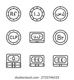 Read to use currency icons set in trendy line style, easy to use vectors