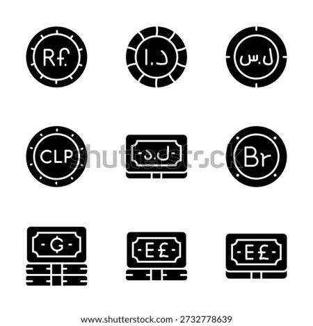 Read to use currency icons set in trendy glyph style, easy to use vectors