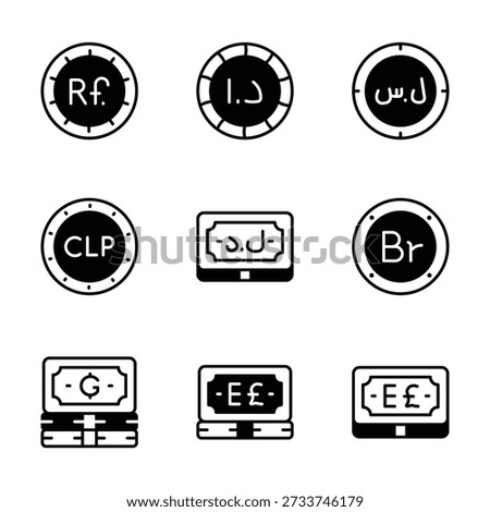 Read to use currency icons set in trendy glyph style, easy to use vectors