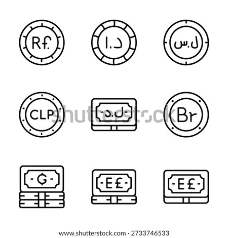 Read to use currency icons set in trendy line style, easy to use vectors