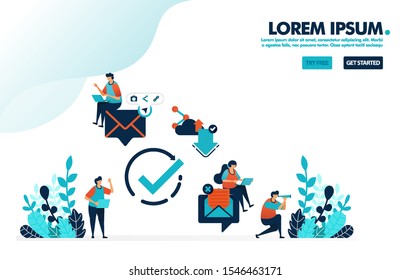 Read verified e-mail. Verify circle symbol to receive and reply messages.Simple tick symbol vector illustration for landing page, web, banner, template, background, mobile apps, ui, flyer, poster