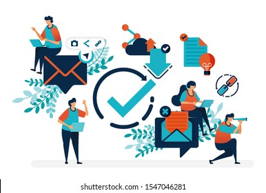 Read verified e-mail. Verify circle symbol to receive and reply messages.Simple tick symbol vector illustration for landing page, web, banner, template, background, mobile apps, ui, flyer, poster