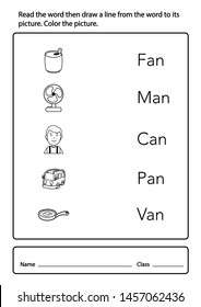 Read the word then draw a line from the word to its picture. Color the picture.illustration,vector