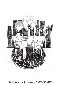 Read. You will never be too smart. Motivational educative quote about books and education, with girl and cat reading together. Vector isolated on white black n white illustration, hand drawn lettering