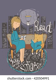 Read. You will never be too smart. Motivational educative quote about books and education, with girl and cat reading together. Vector colorful illustration on purple background, hand drawn lettering