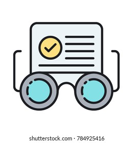 Readability check concept for SEO. Checking grammar and spelling error flat icon. Vector illustration of a pair of glasses and document.