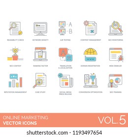 Readability check, keyword density, a/b testing, content management, seo contest, ranking factor, translation, domain registration, case study, social media press release online marketing vector icons