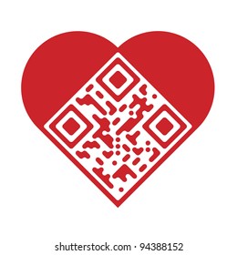 Readable red artistic QR Code in shape of heart with text "I Love You!"
