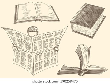 Reader and the Book. Design set. Hand drawn engraving. Vector vintage illustration. Isolated on color background. 8 EPS