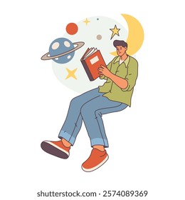 Reader or bookworm hobby, isolated man reading book about cosmos, planets starts and universe. Imagination and creative thinking skills improvement. Flat cartoon style character vector