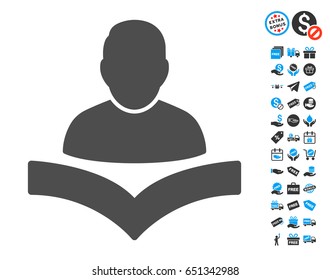 Reader Boy gray pictograph with free bonus elements. Vector illustration style is flat iconic symbols.