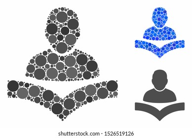 Reader boy mosaic for reader boy icon of small circles in different sizes and color hues. Vector small circles are composed into blue mosaic. Dotted reader boy icon in usual and blue versions.