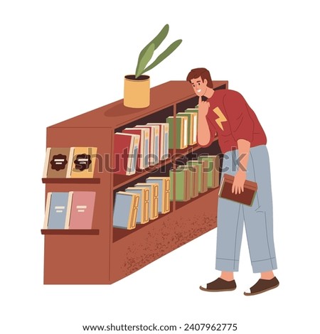 Reader choosing book at bookstore or library. Vector image of bookcase or shelf with books. Bookshop content or lib with paper literature. Buyer at shop or store with reading content. Study and read