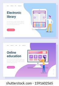 Reader communication with e-book, literature in tablet or computer. People reading online, app book, electronic page, training technology vector. Website or landing page template, webpage flat style