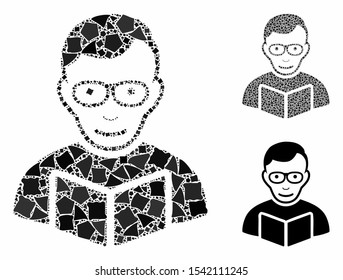 Reader composition of humpy items in different sizes and color tinges, based on reader icon. Vector bumpy items are combined into collage. Reader icons collage with dotted pattern.